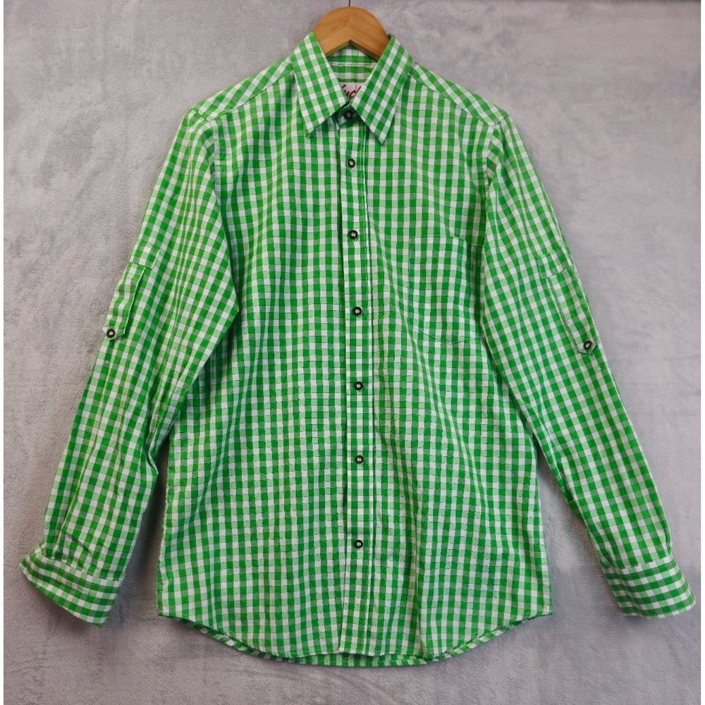 Fuchs Trachtenmoden Trachten Germany Men's Shirt Green White Gingham Check Small